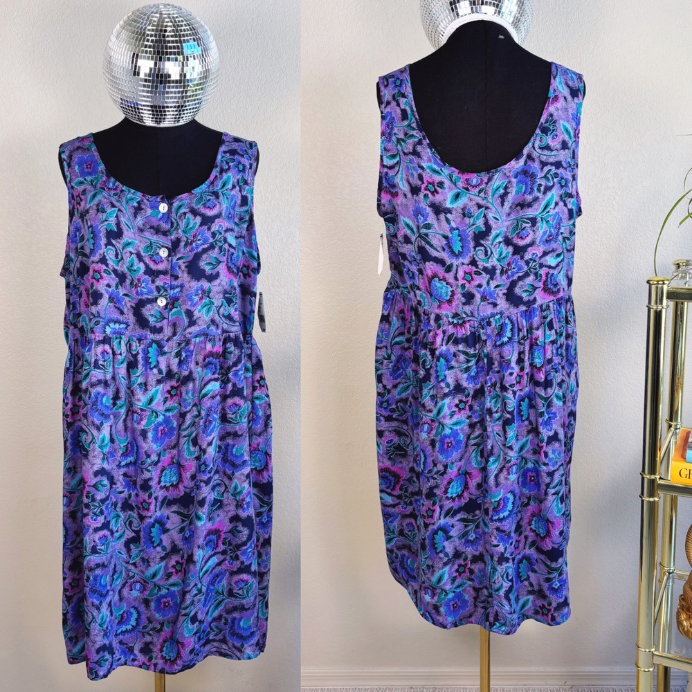 NWT‎ Vintage 90s Meghan Matthews Floral Print Dress, Size L, Purple, Mervyn's